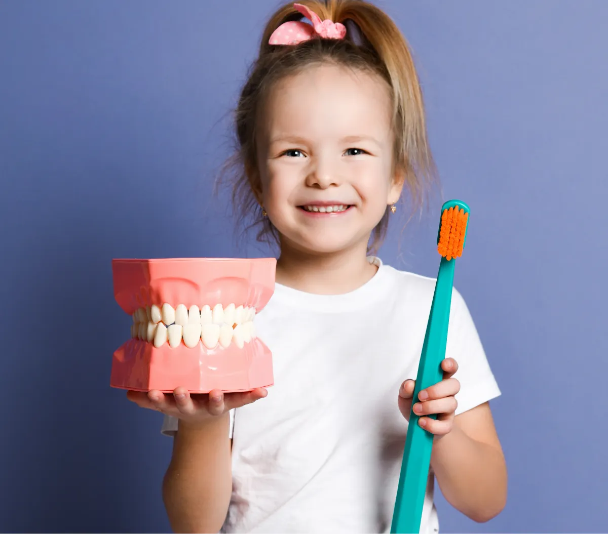 Girl holding a tooth model and oversized toothbrush